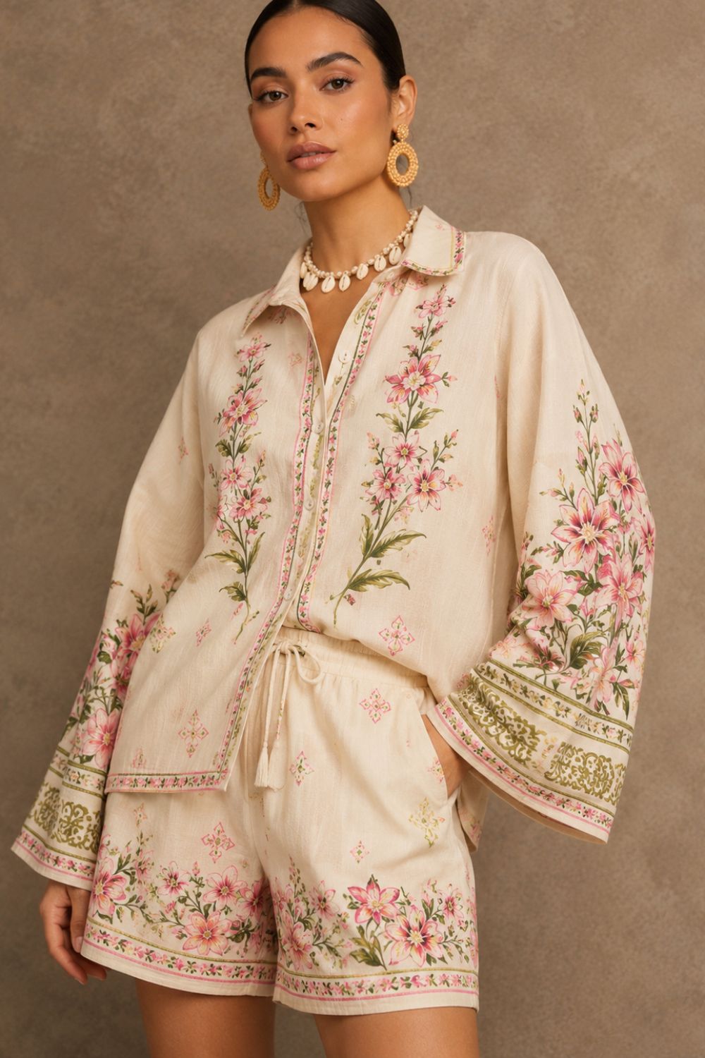 Blush Bloom Cotton Linen Floral Printed Short Co-ord Set for Women