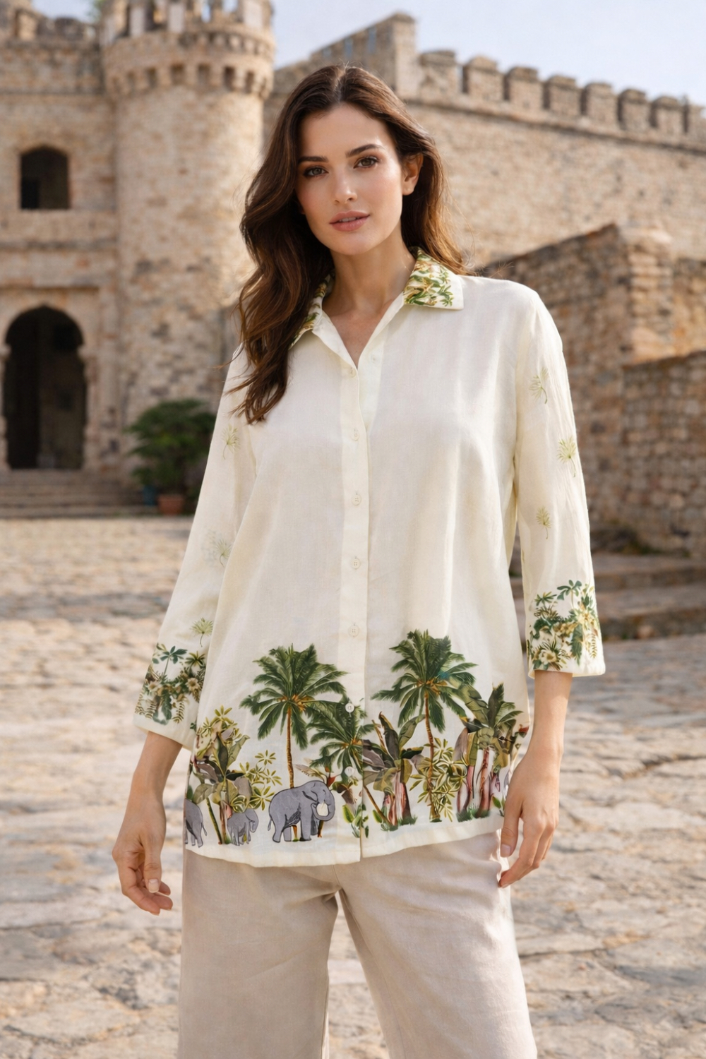 Tropical Safari Border Printed Cotton Shirt for Women