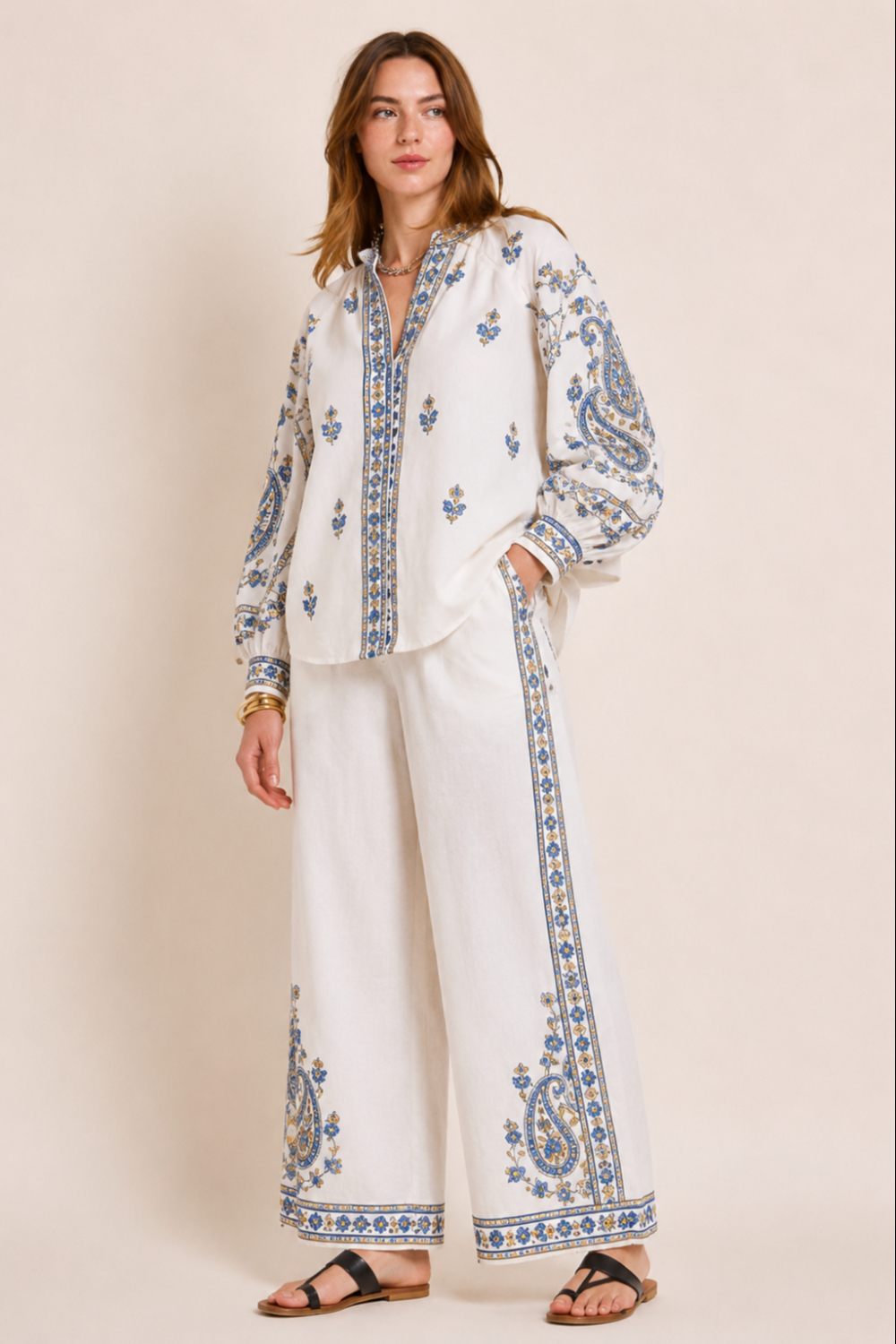 Azure Paisley Printed Cotton Linen Co-ord Set for Women
