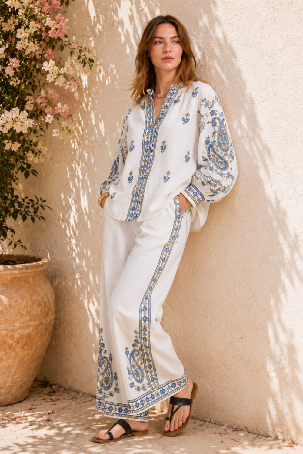 Azure Paisley Printed Cotton Linen Co-ord Set for Women