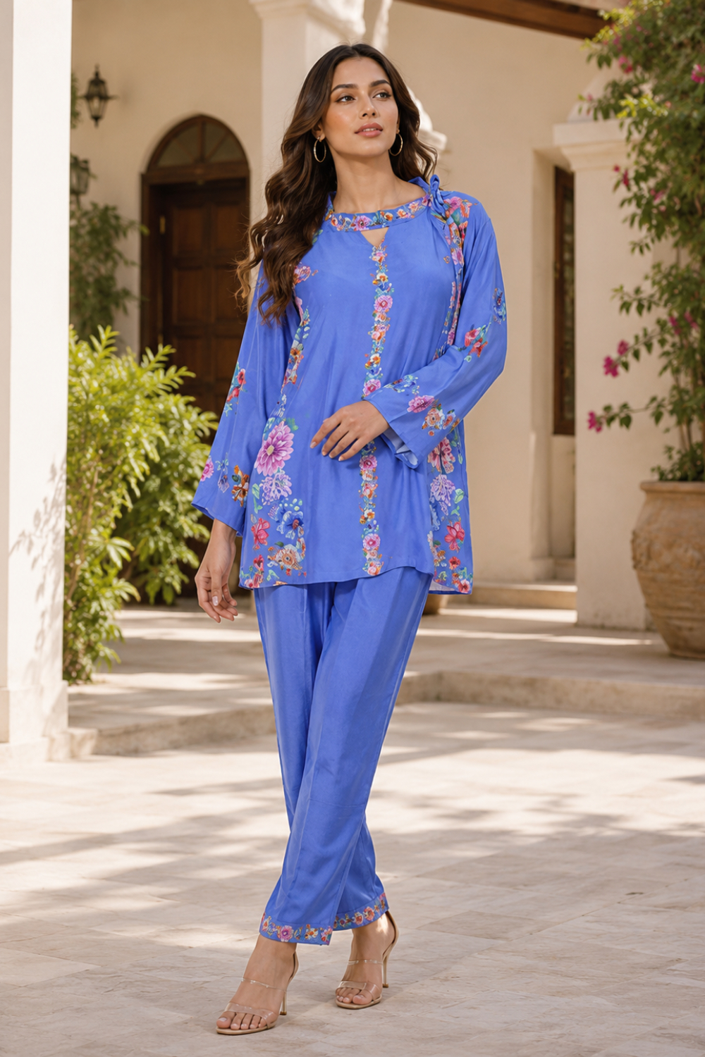 Royal Azure Blossom Printed Viscose Crepe Co-ord Set for Women