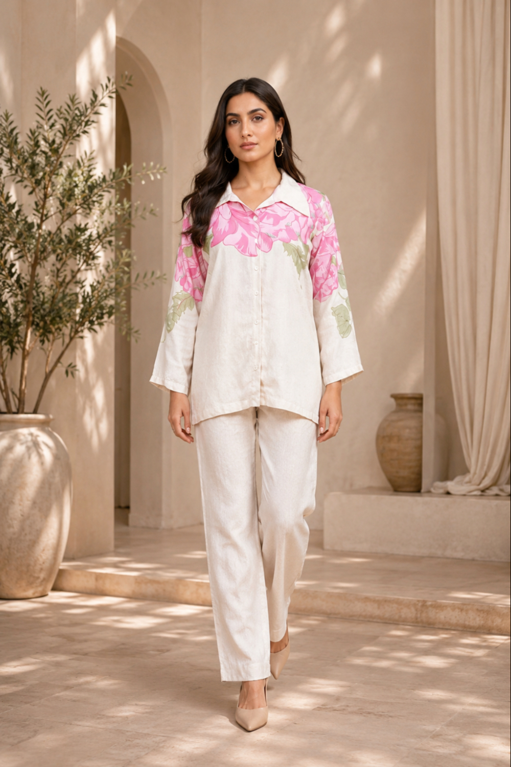 Blush Petal Placement Printed Viscose Crepe Co-ord Set for Women