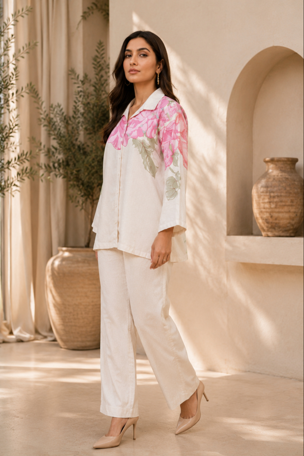 Blush Petal Placement Printed Viscose Crepe Co-ord Set for Women