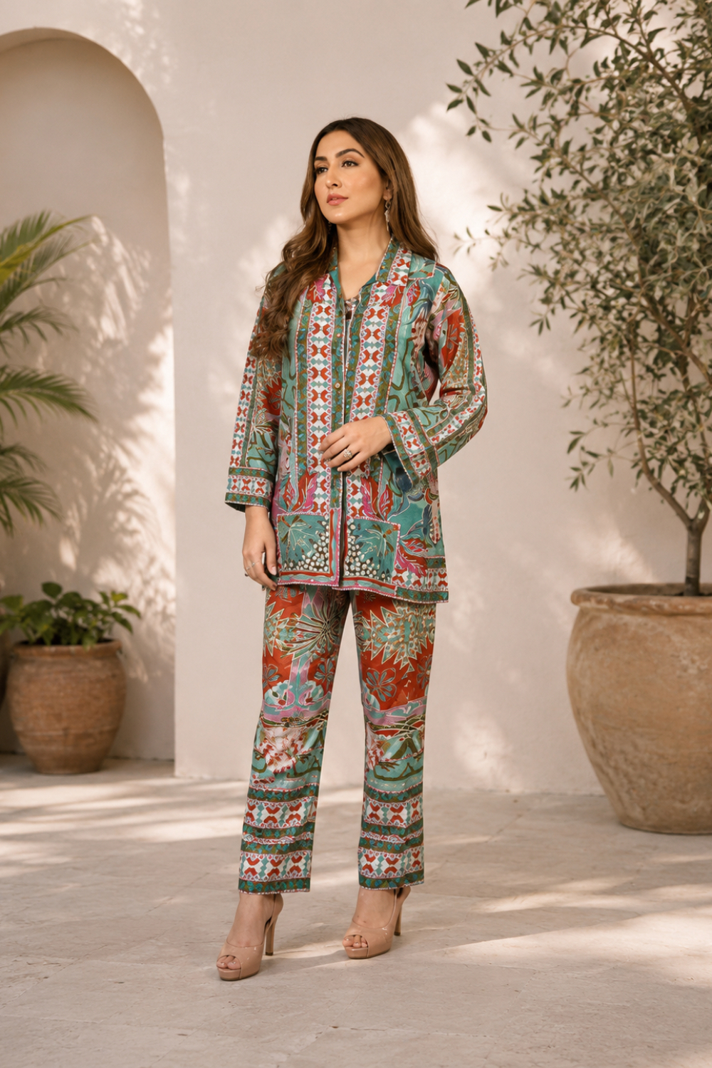 Verdant Mosaic Luxe Printed Viscose Crepe Co-ord Set for Women