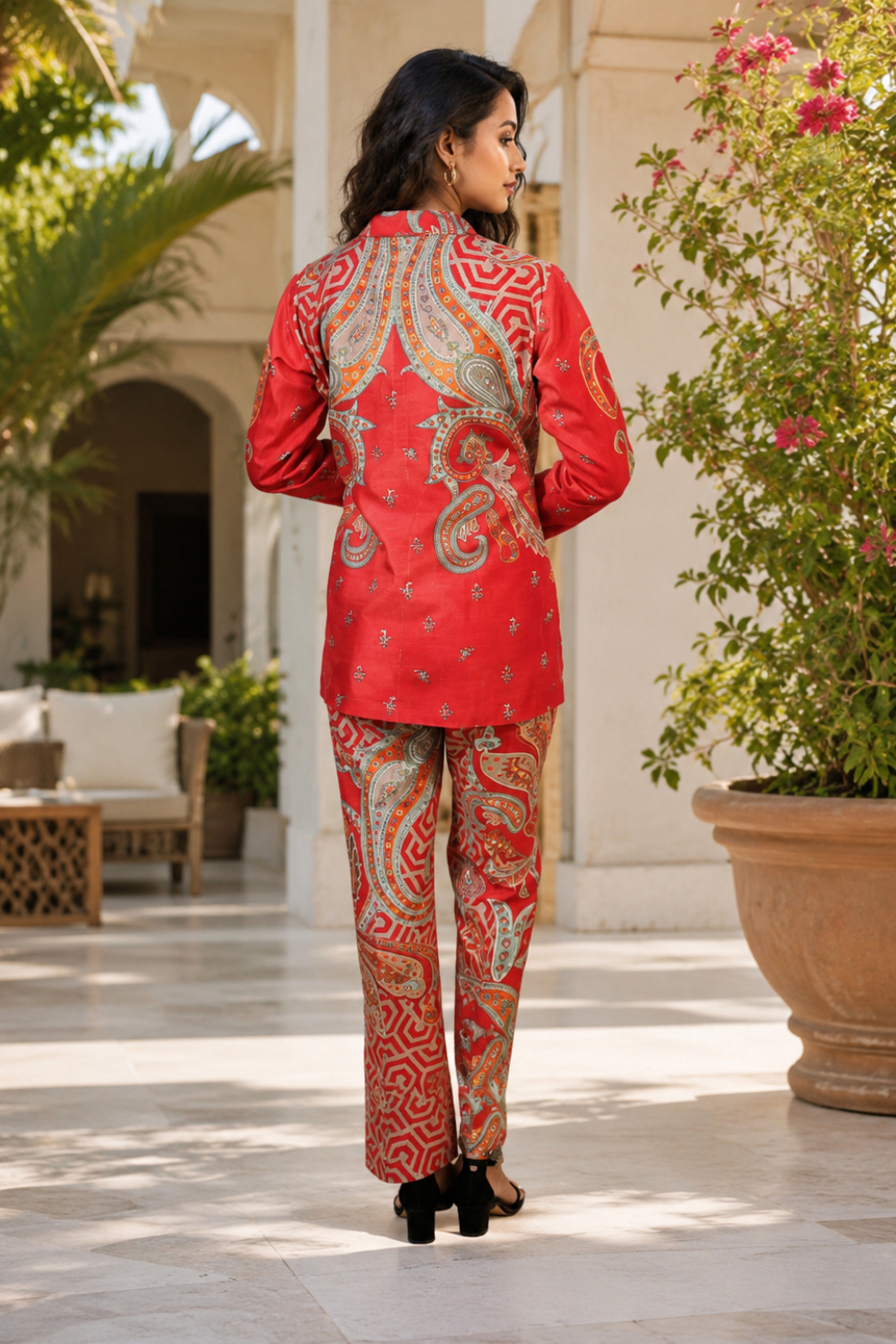 Crimson Imperial Paisley Luxe 3-Piece Viscose Raw Silk Co-ord Set for Women