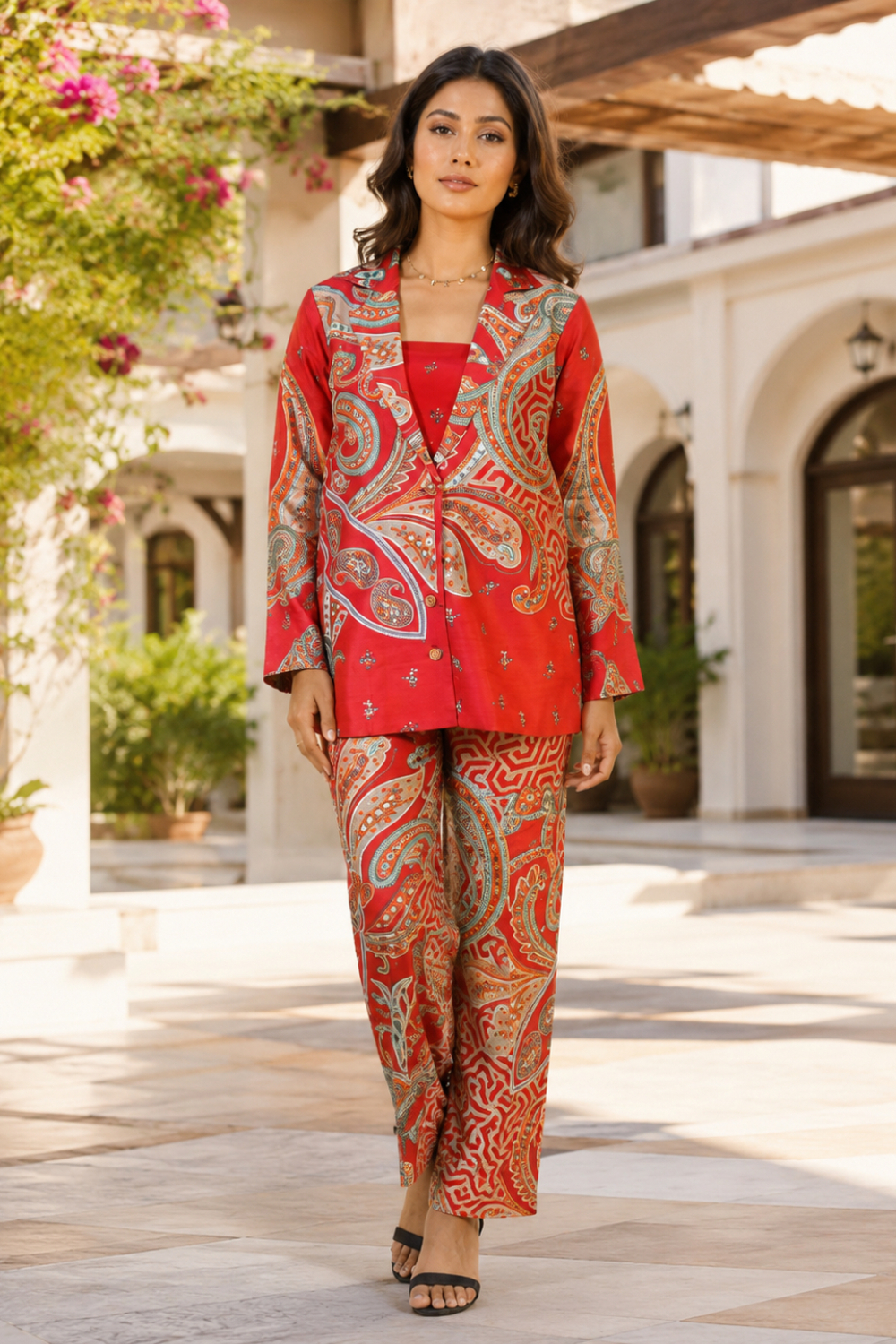 Crimson Imperial Paisley Luxe 3-Piece Viscose Raw Silk Co-ord Set for Women