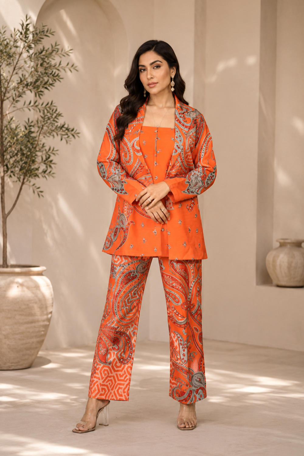 Ember Paisley Royale 3-Piece Printed Viscose Raw Silk Co-ord Set for Women