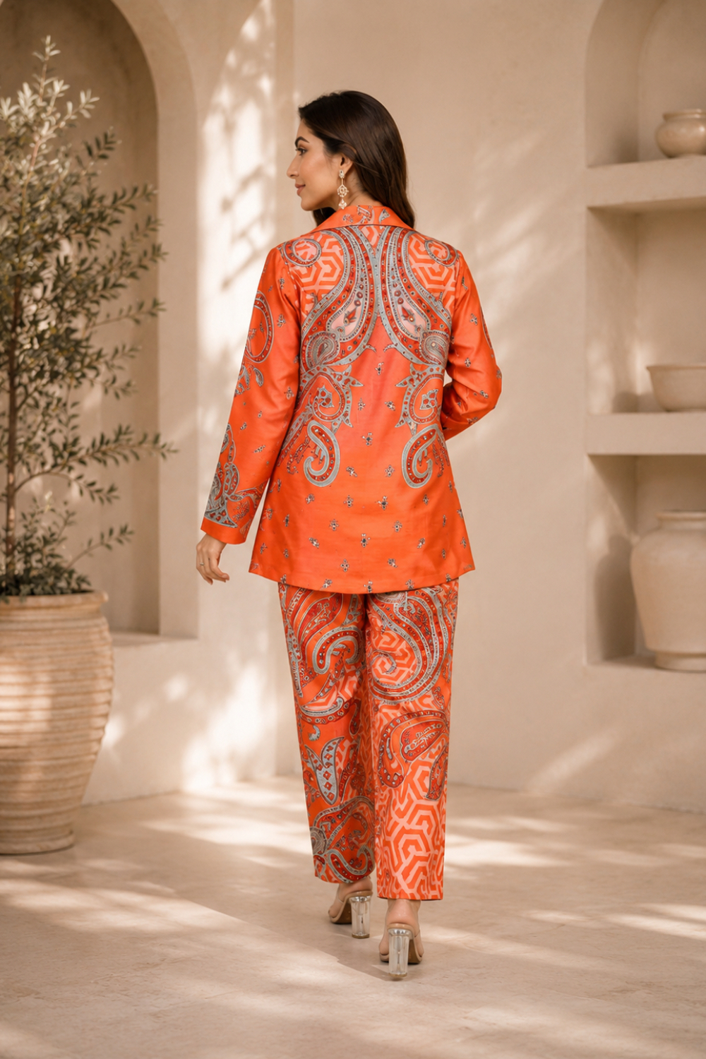 Ember Paisley Royale 3-Piece Printed Viscose Raw Silk Co-ord Set for Women