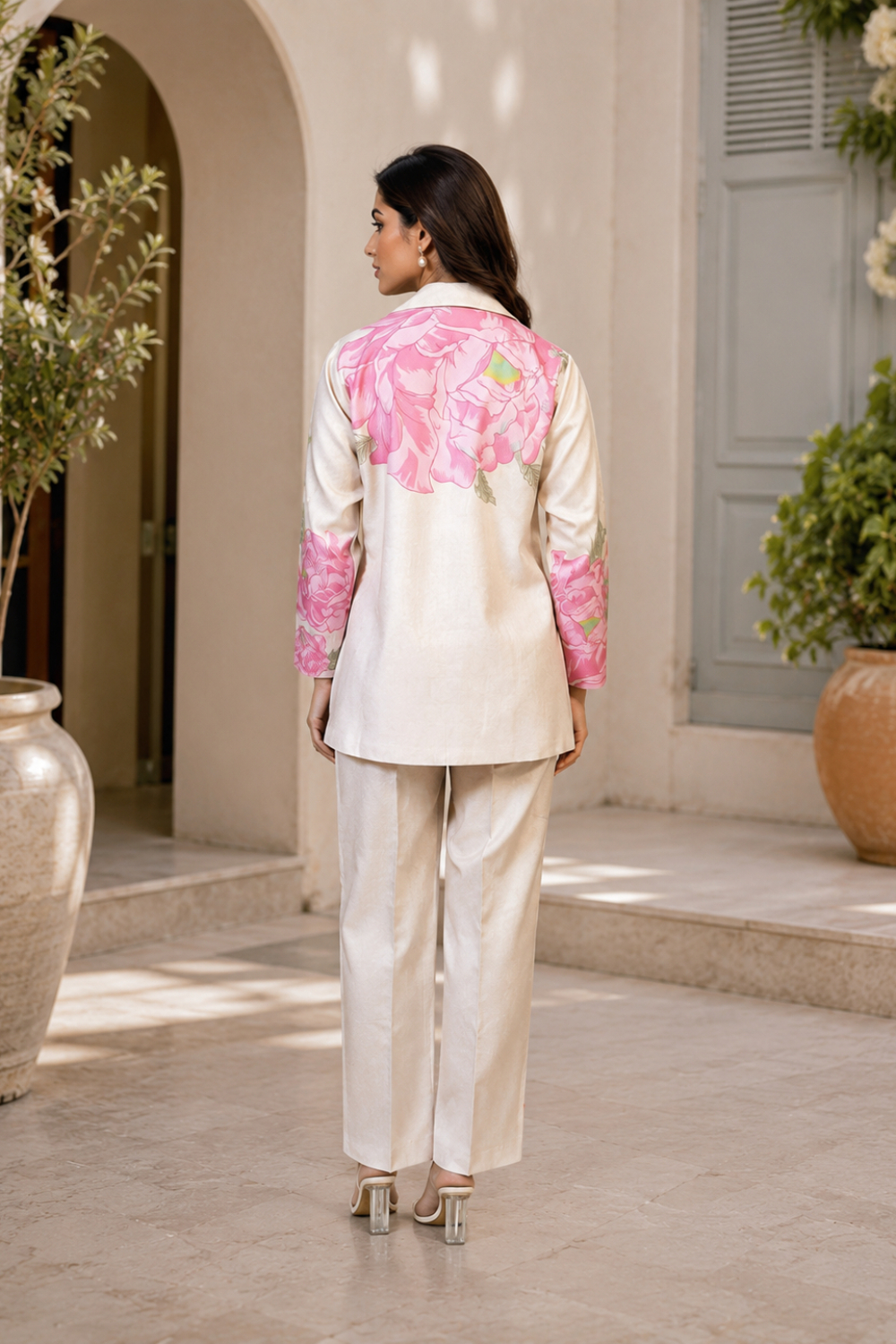 Ivory Peony Elegance 3-Piece Printed Viscose Raw Silk Co-ord Set for Women