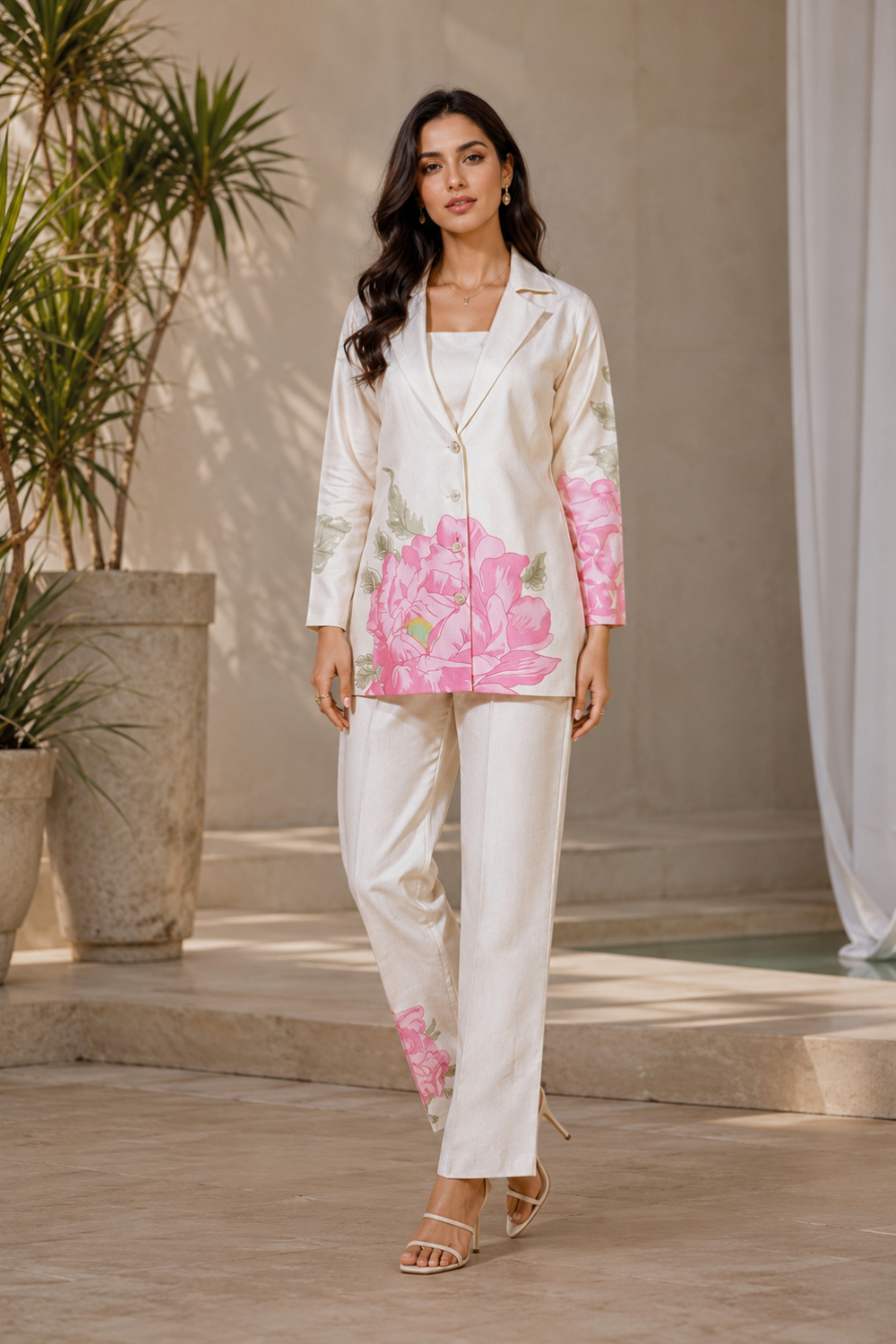 Ivory Peony Elegance 3-Piece Printed Viscose Raw Silk Co-ord Set for Women