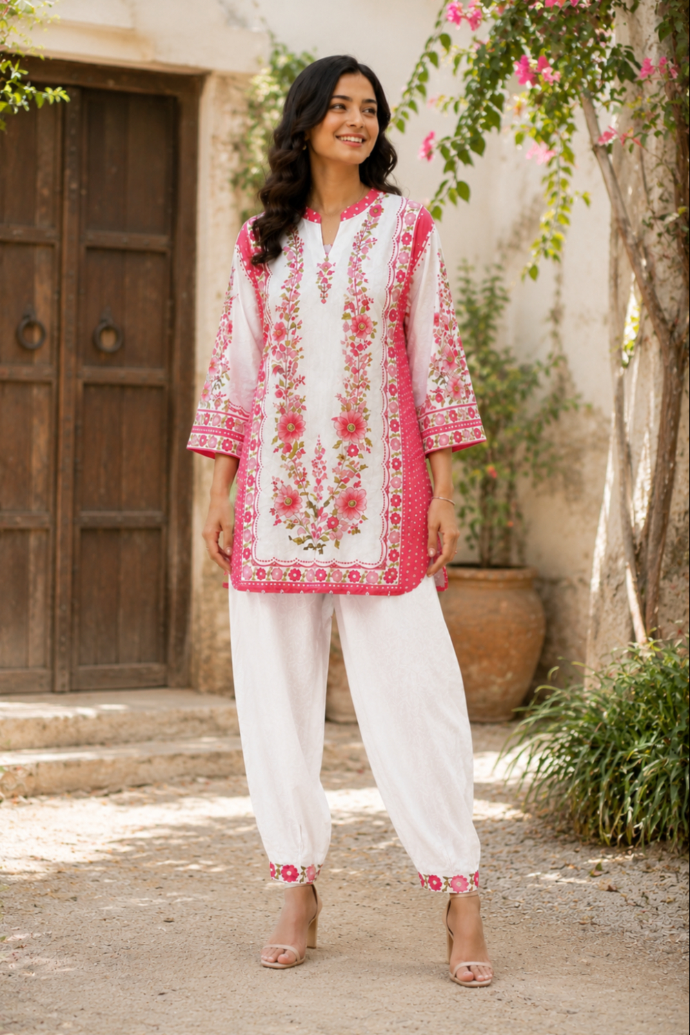 Rosé Floral Printed Cotton Linen Co-ord Set for Women