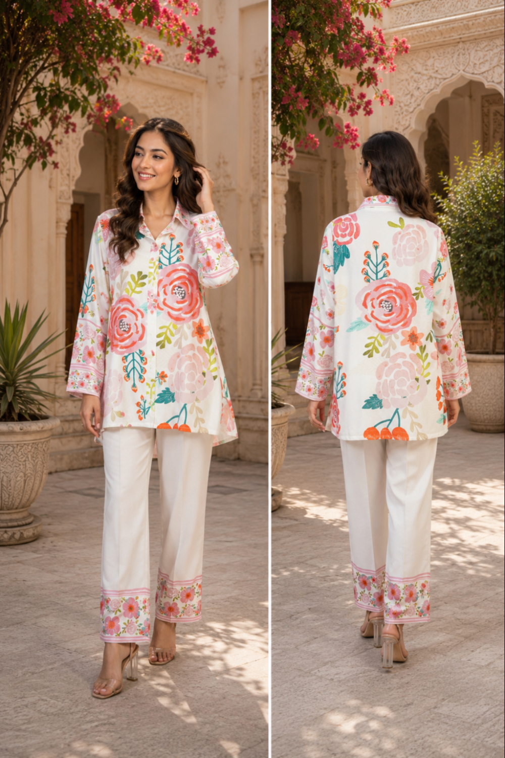 Coral Rose floral Printed Viscose Crepe Co-ord Set for Women