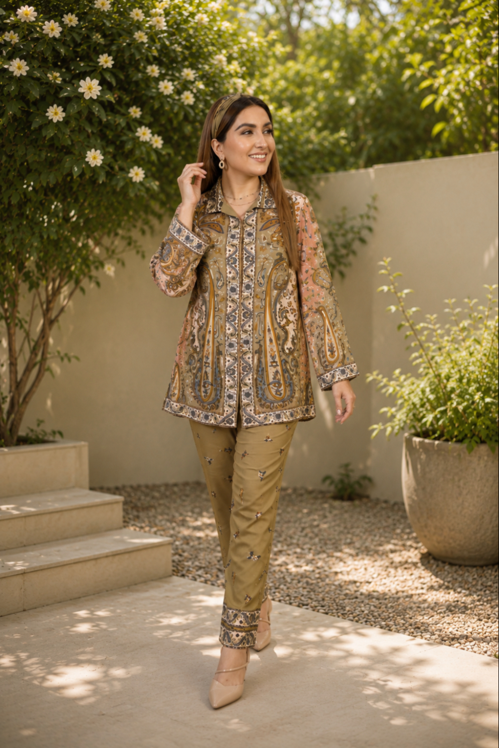 Olive Paisley atelier Printed Viscose Crepe Co-ord Set for Women