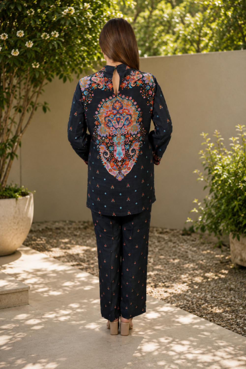 Navy Mosaic flower Printed Viscose Crepe Co-ord Set for Women