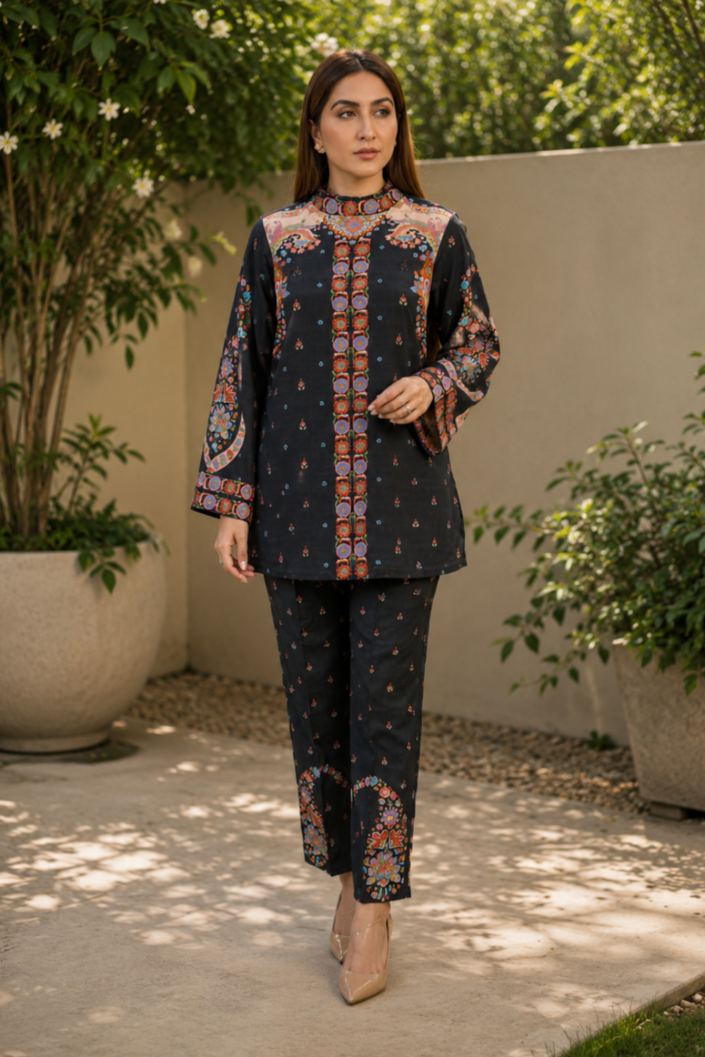 Navy Mosaic flower Printed Viscose Crepe Co-ord Set for Women