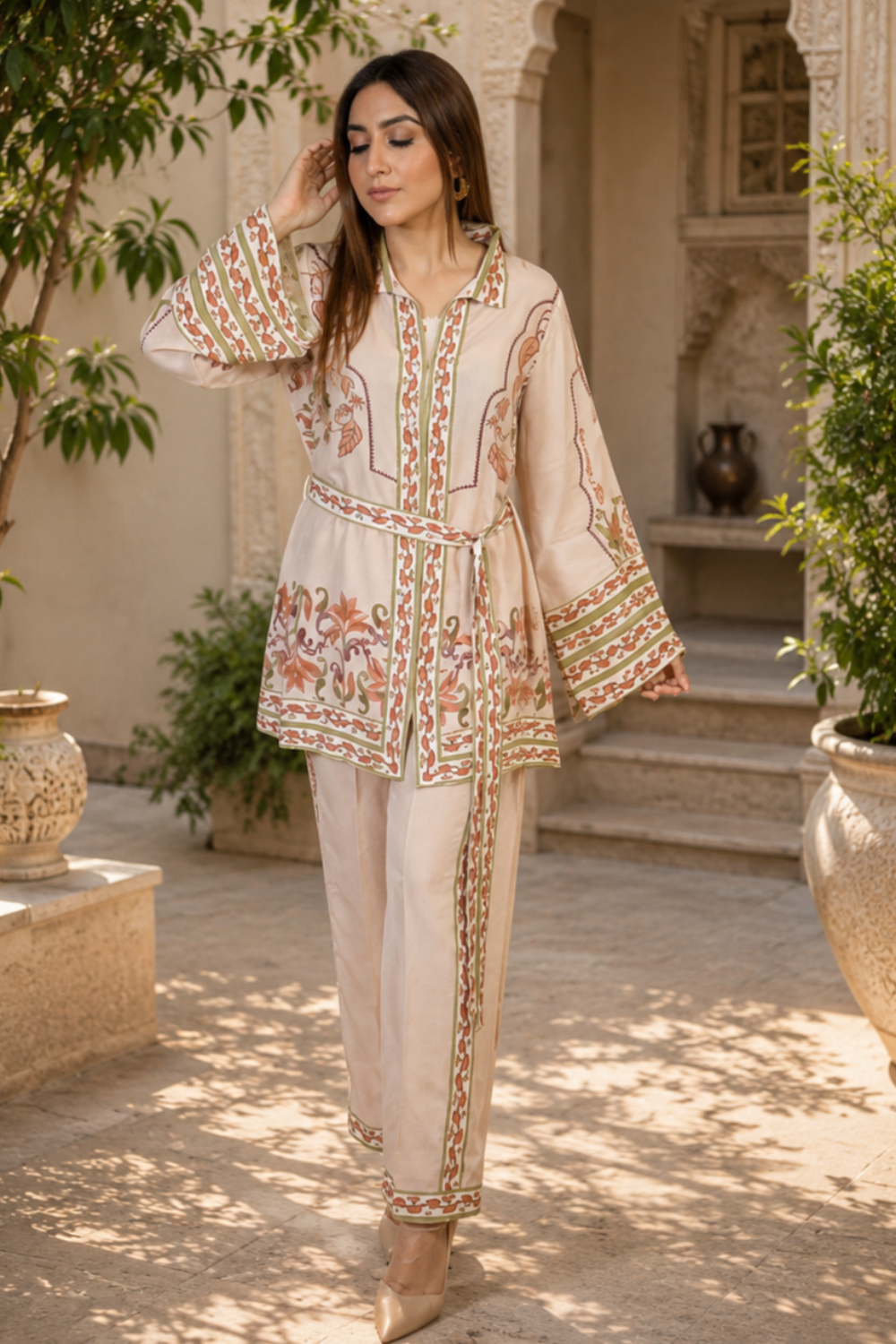 Desert Vine Heritage floral  Printed Viscose Crepe Belted Co-ord Set for Women
