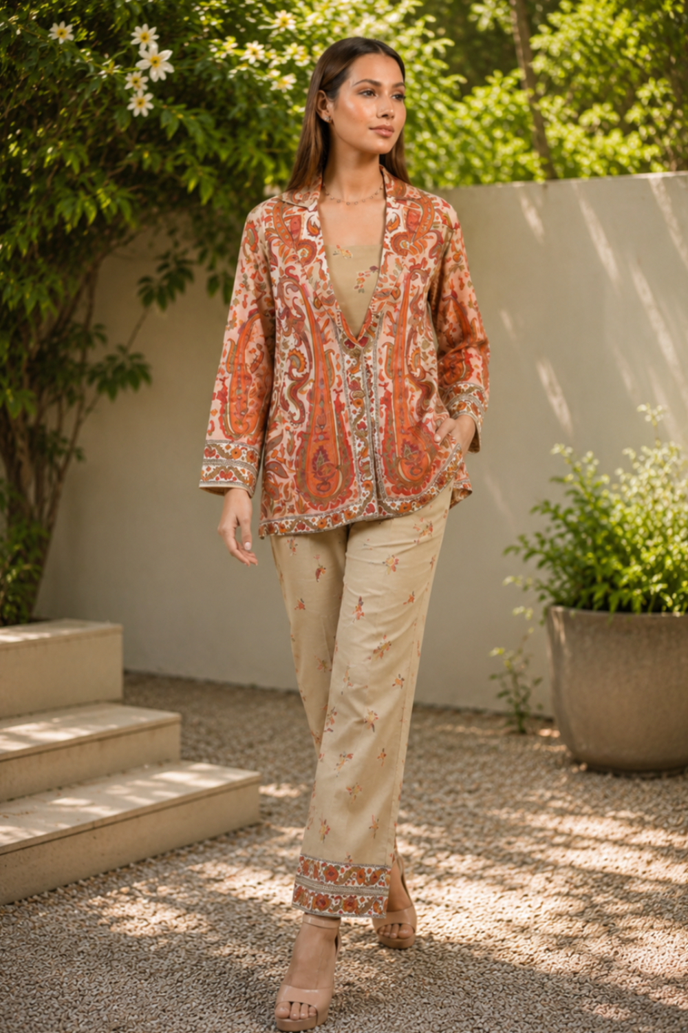Terracotta Paisley Royale 3-Piece Printed Viscose Raw Silk Co-ord Set for Women