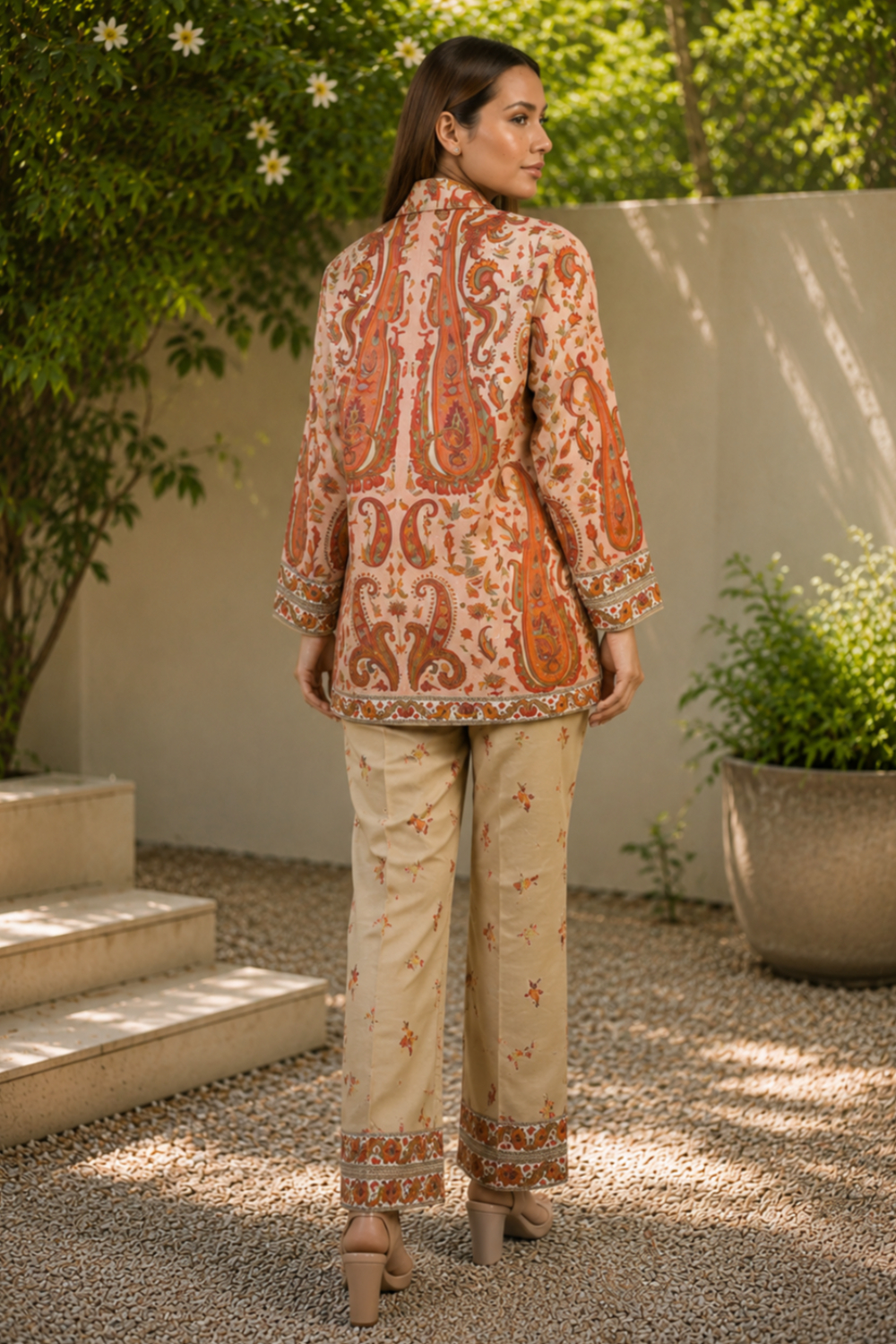 Terracotta Paisley Royale 3-Piece Printed Viscose Raw Silk Co-ord Set for Women