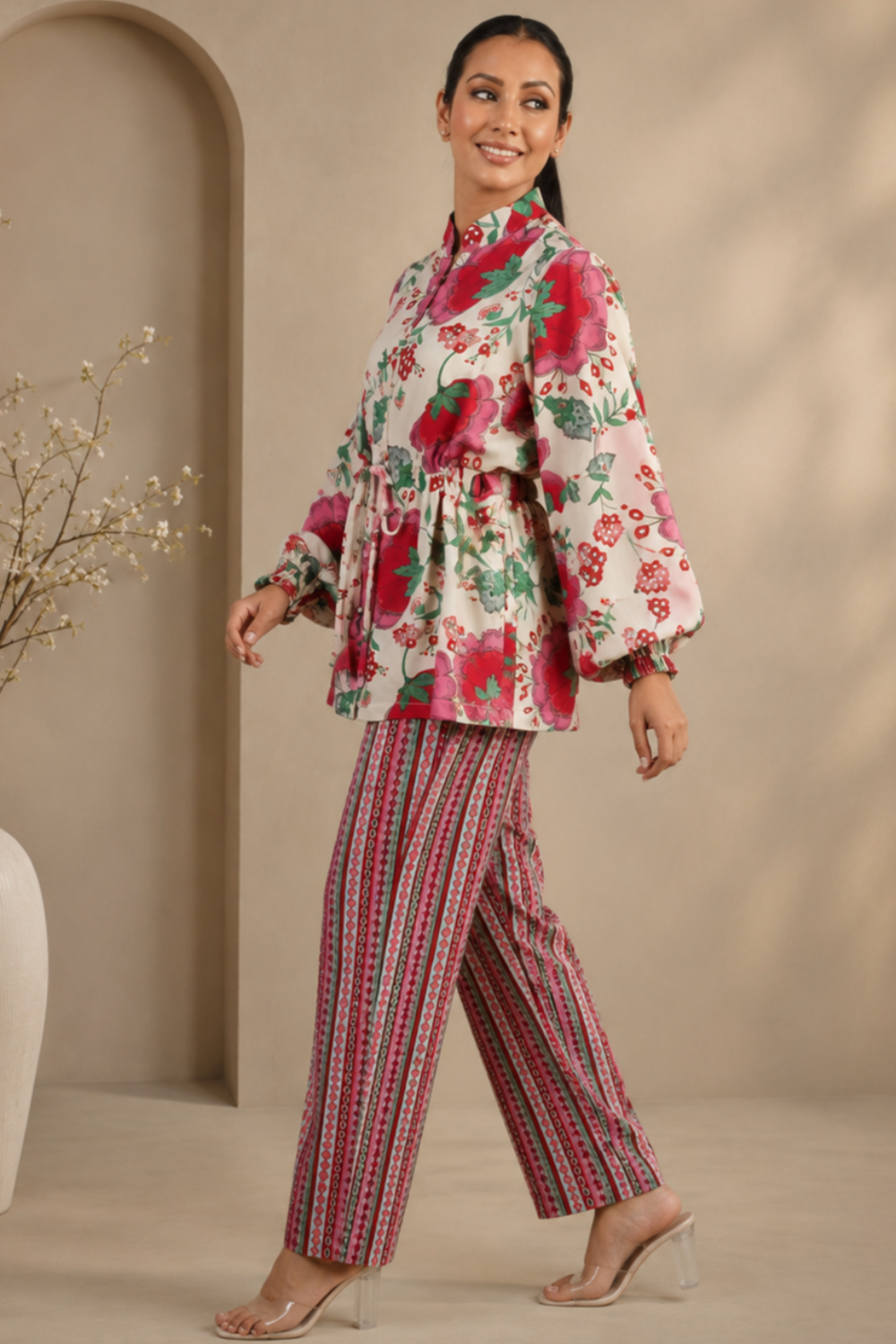Ruby Peony Stripe floral Printed Viscose Crepe Co-ord Set for Women