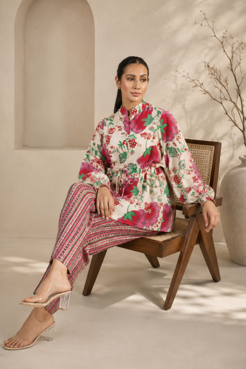 Ruby Peony Stripe floral Printed Viscose Crepe Co-ord Set for Women