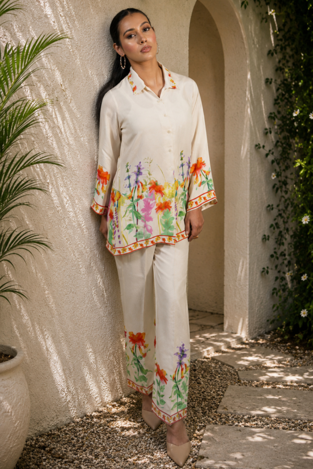 Ivory Wildflower Meadow Printed Viscose Crepe Co-ord Set for Women