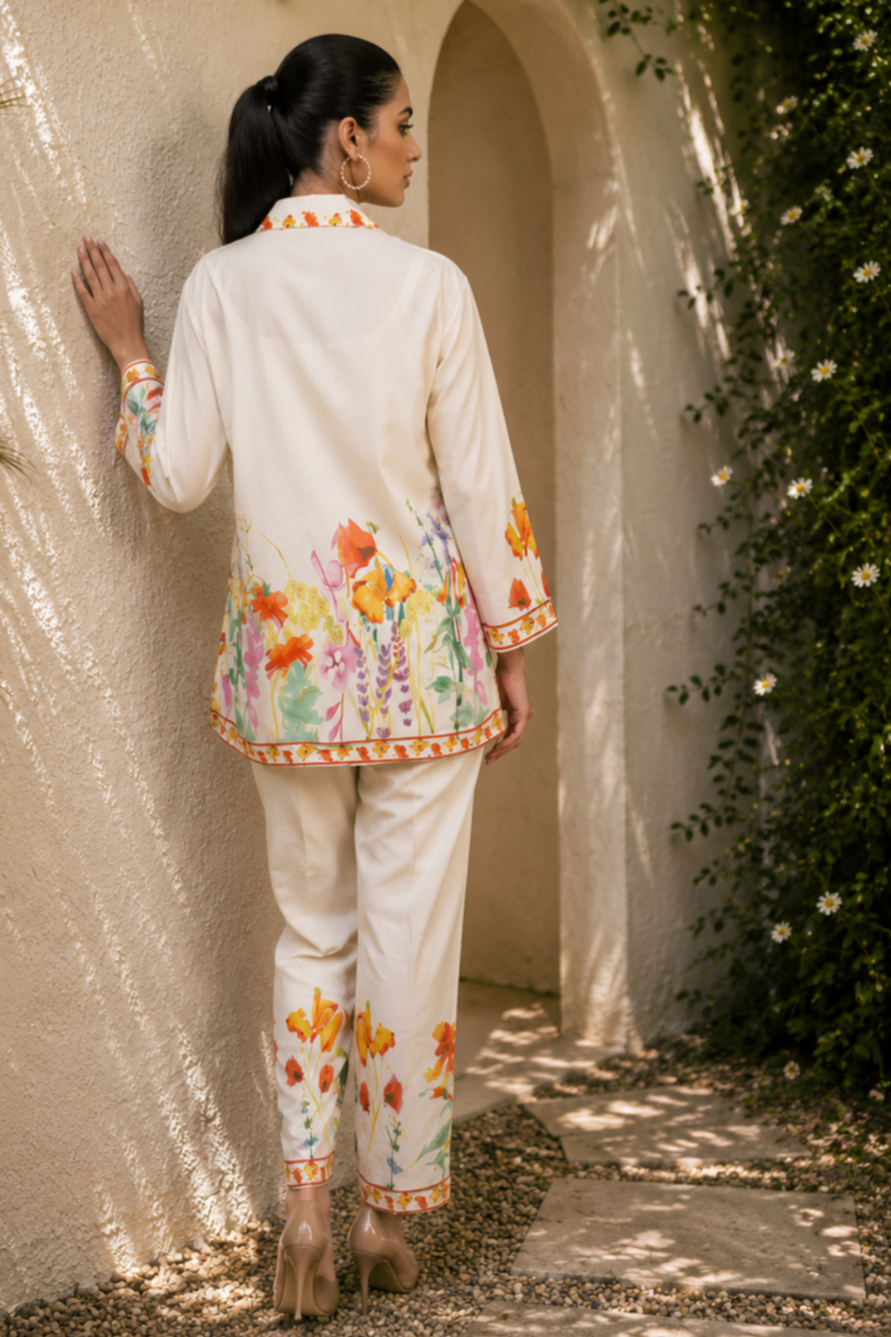 Ivory Wildflower Meadow Printed Viscose Crepe Co-ord Set for Women
