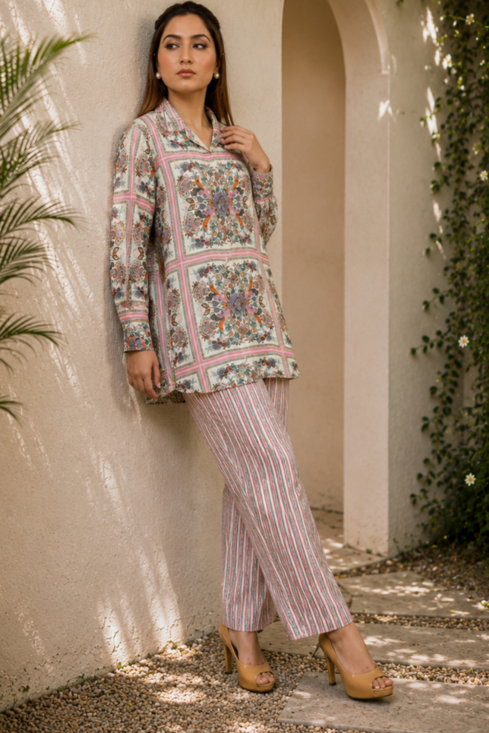 Florentine Floral-Tile Stripe Printed Viscose Crepe Co-ord Set for Women