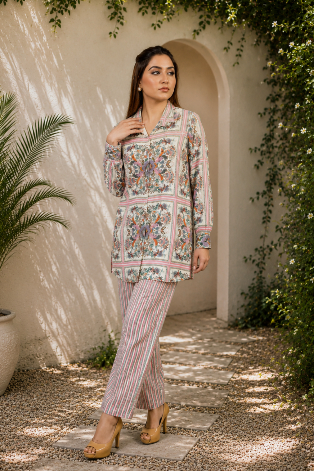 Florentine Floral-Tile Stripe Printed Viscose Crepe Co-ord Set for Women