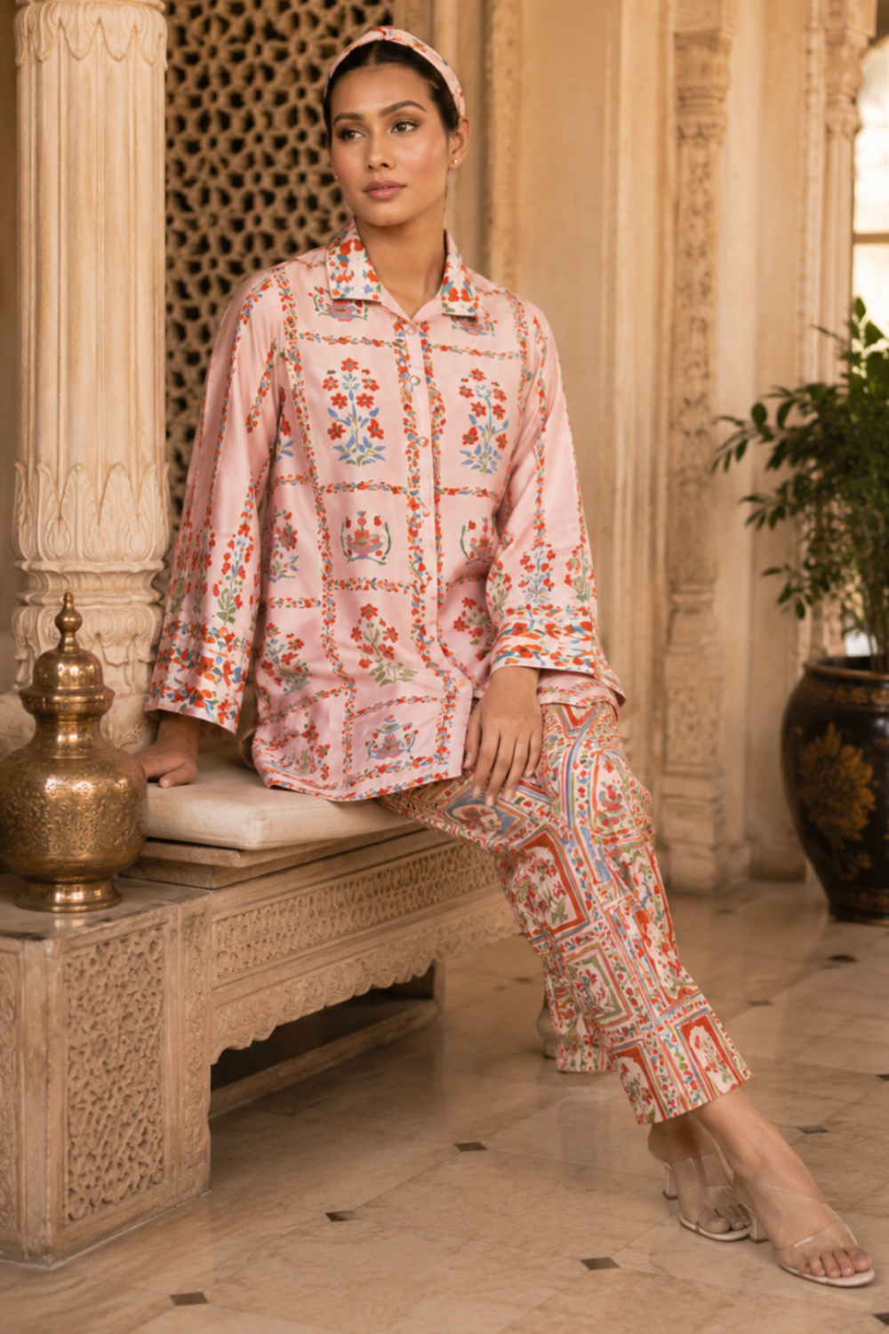 Retro Lattice Floral Collar Shirt & Pant Set Printed Viscose Crepe Co-ord Set