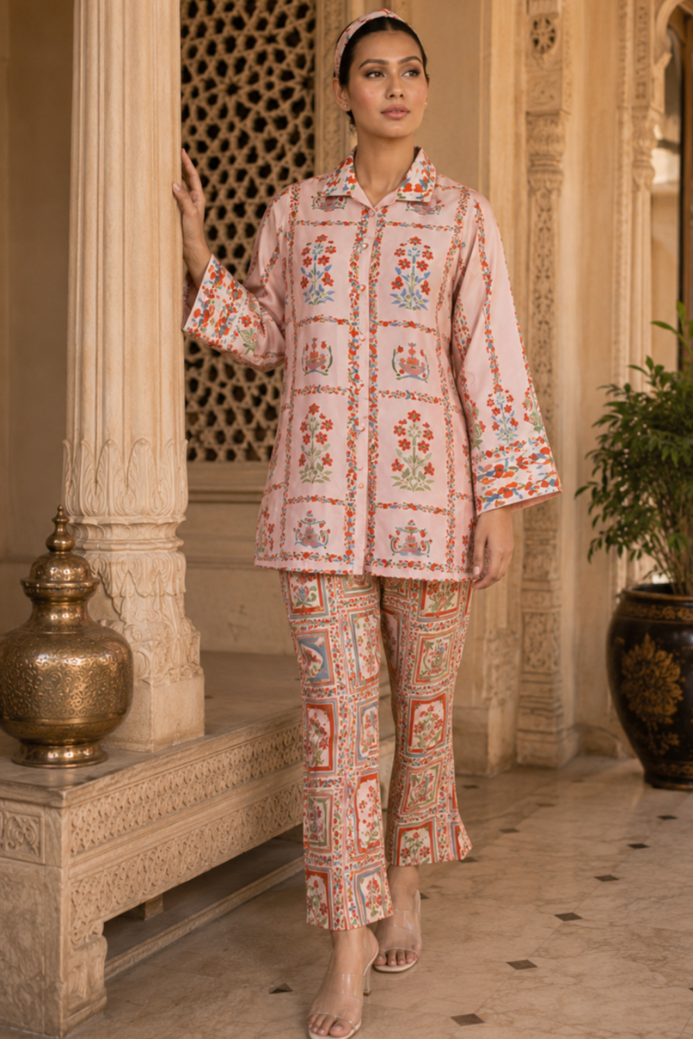 Retro Lattice Floral Collar Shirt & Pant Set Printed Viscose Crepe Co-ord Set
