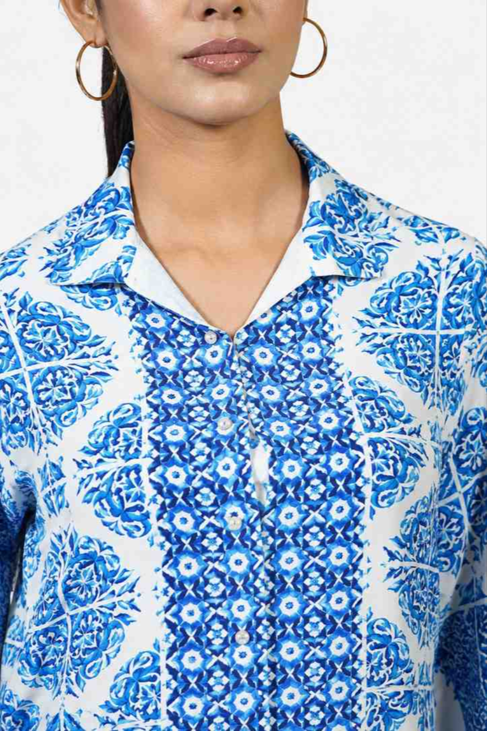 Azure Mosaic Tile Ethnic Print Cotton Linen Tunic Co-ord Set