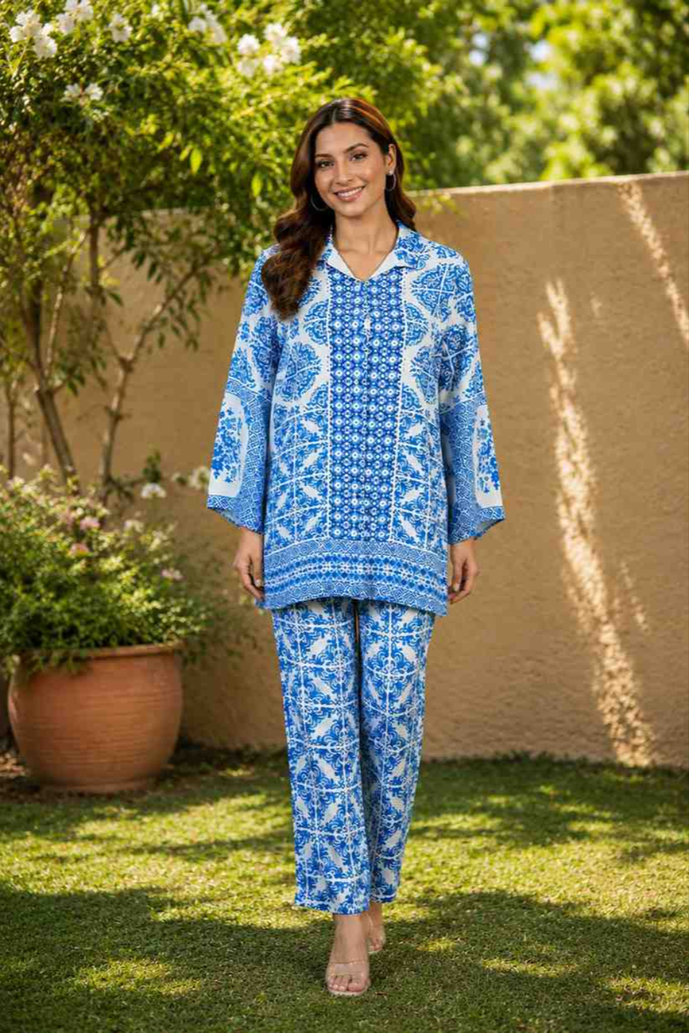 Azure Mosaic Tile Ethnic Print Cotton Linen Tunic Co-ord Set