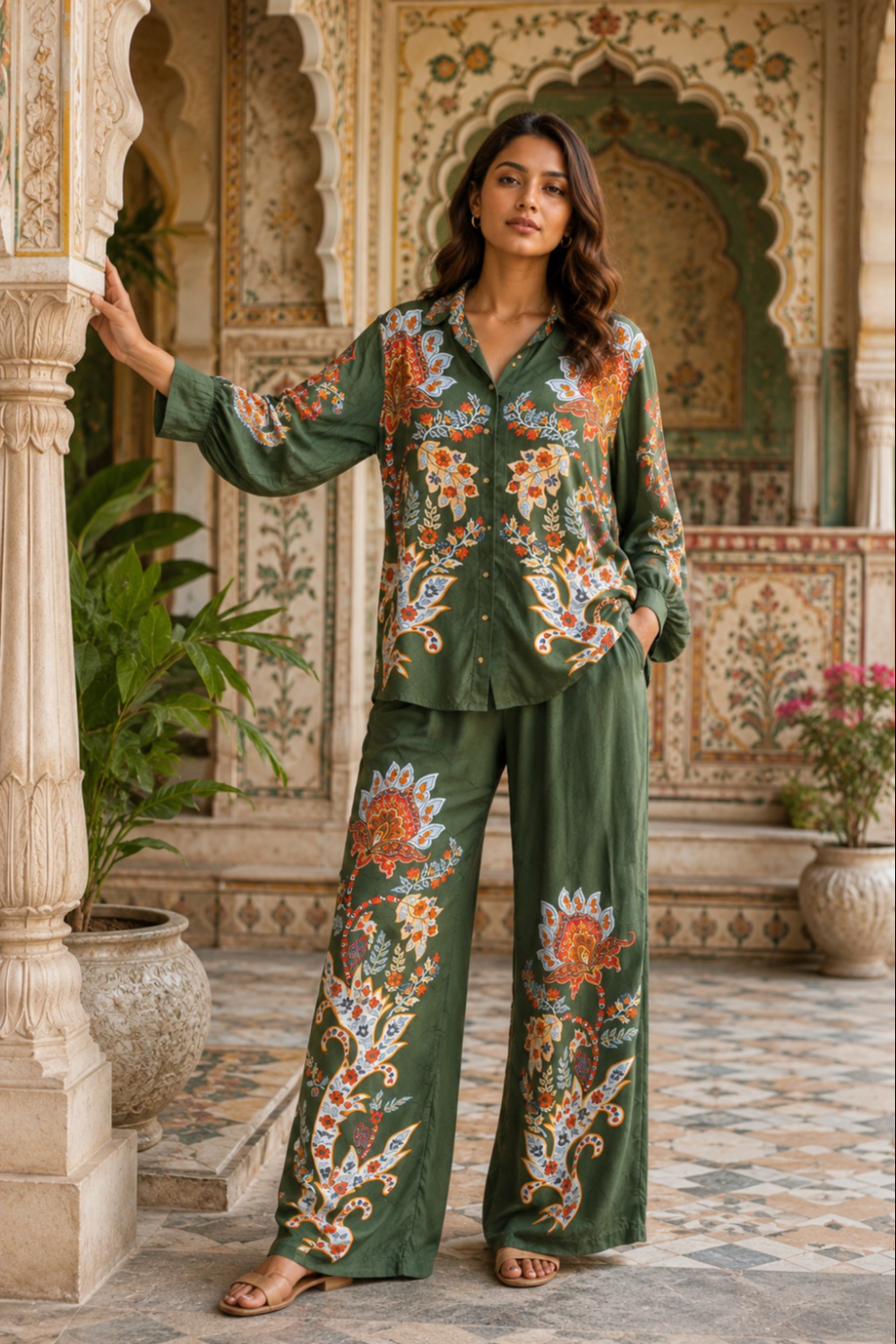 Emerald Heritage Botanical Paisley Printed Viscose Crepe Co-Ord Set