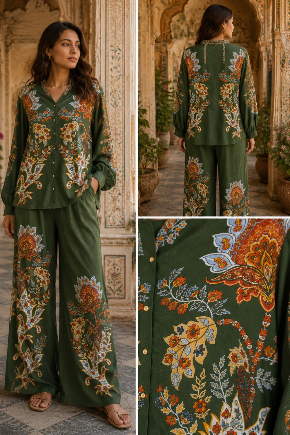 Emerald Heritage Botanical Paisley Printed Viscose Crepe Co-Ord Set
