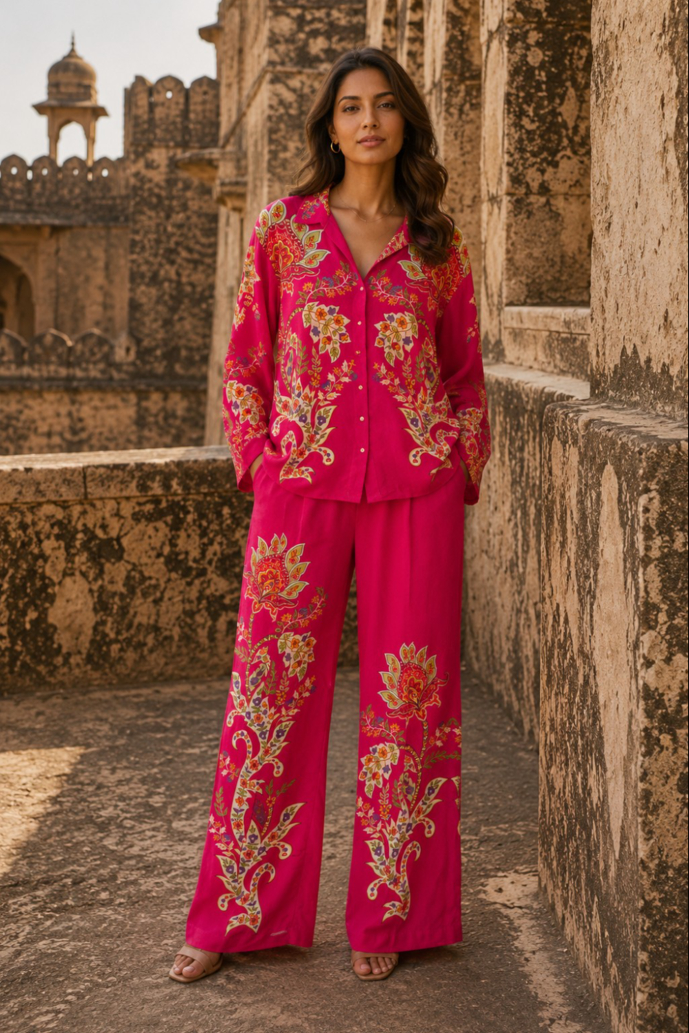 Fuchsia Royal Botanical Paisley Printed Viscose Crepe Co-Ord Set