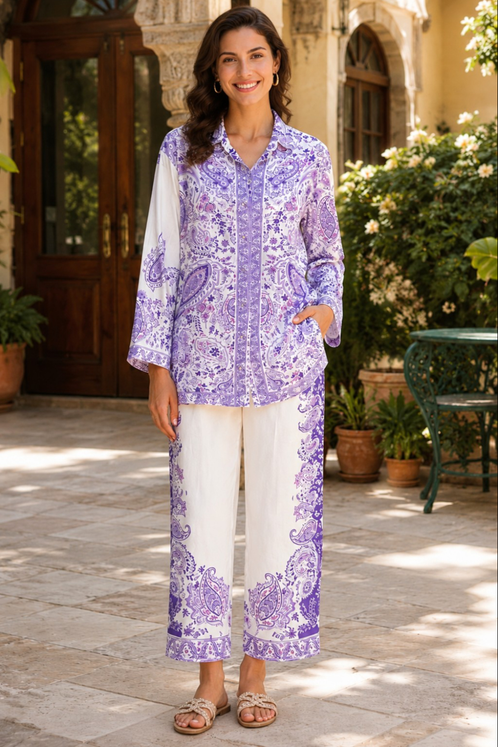 Lavender Paisley Printed Viscose Crepe Co-Ord Set