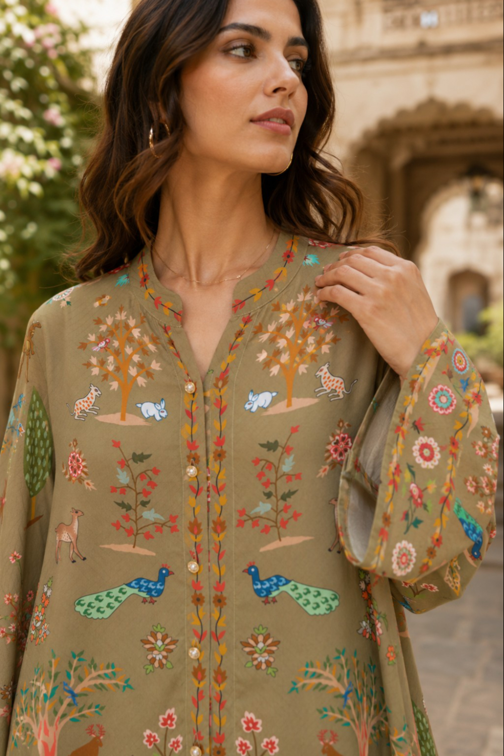 Olive Woodland Scenic Print Viscose Crepe Co-Ord Set