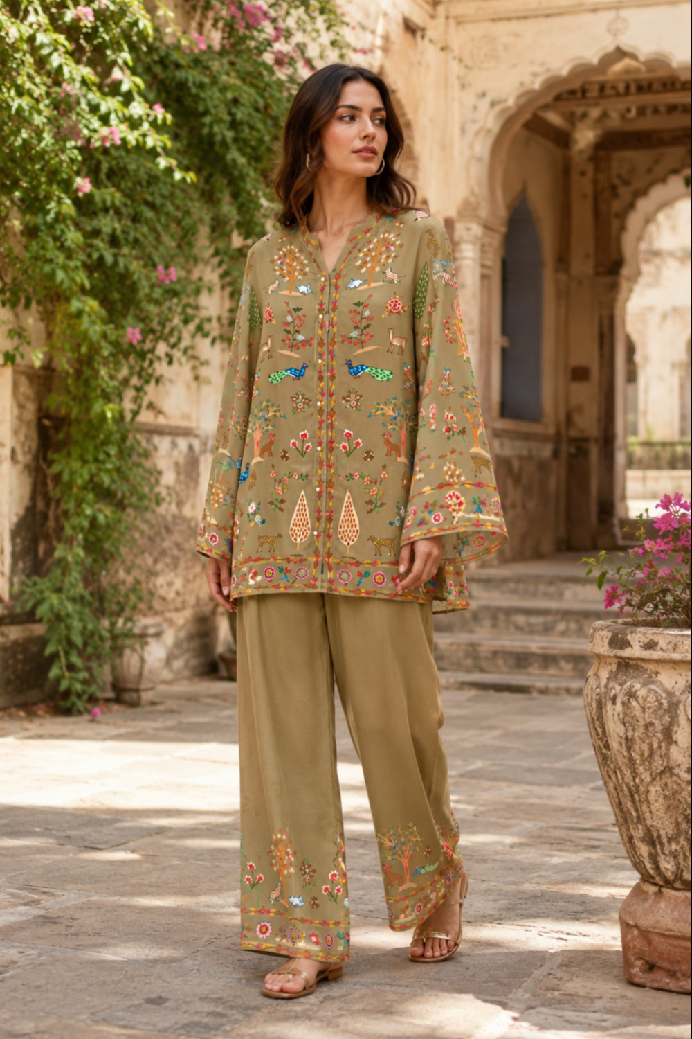 Olive Woodland Scenic Print Viscose Crepe Co-Ord Set