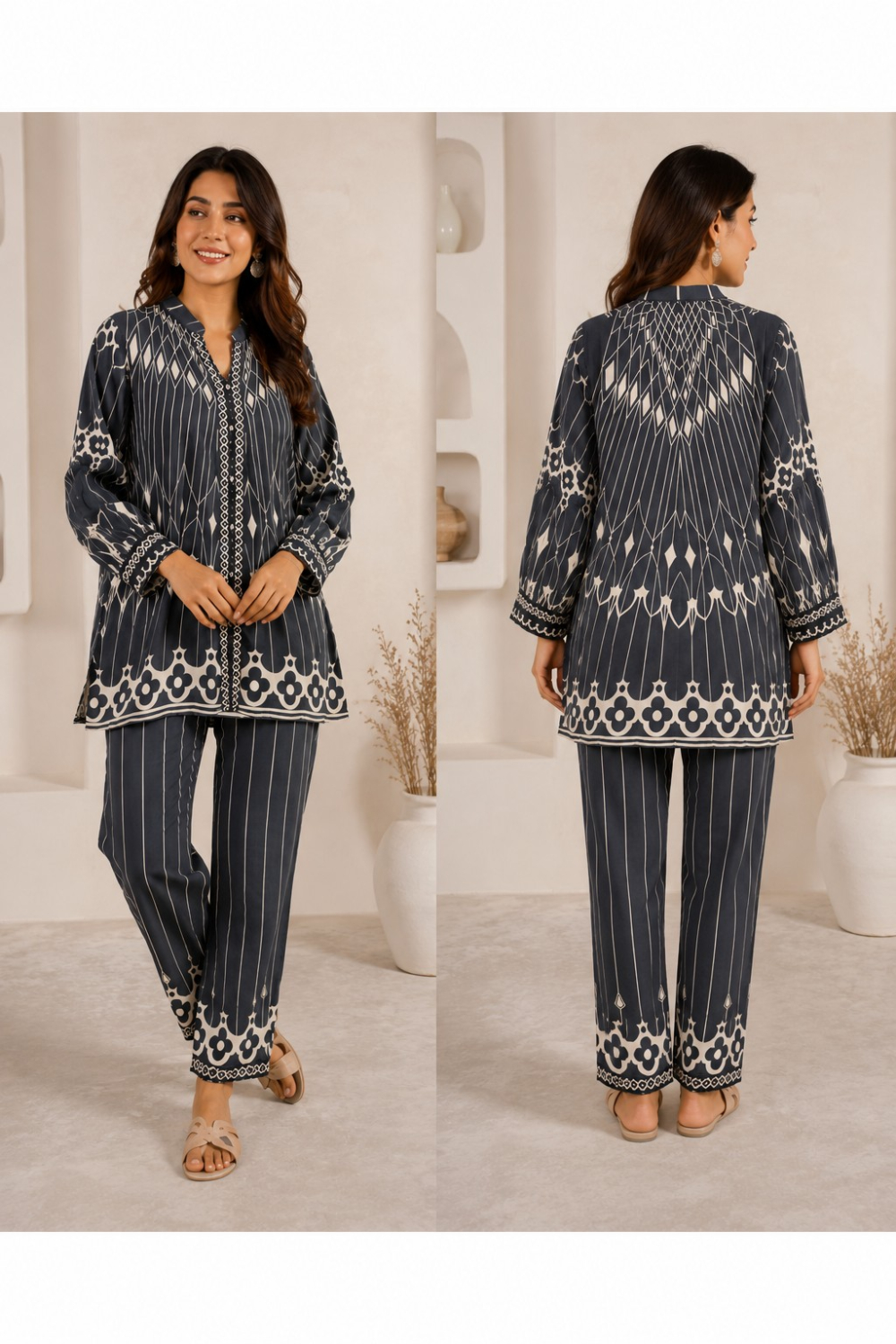 Midnight Deco Stripe Floral Printed Viscose Crepe Co-Ord Set