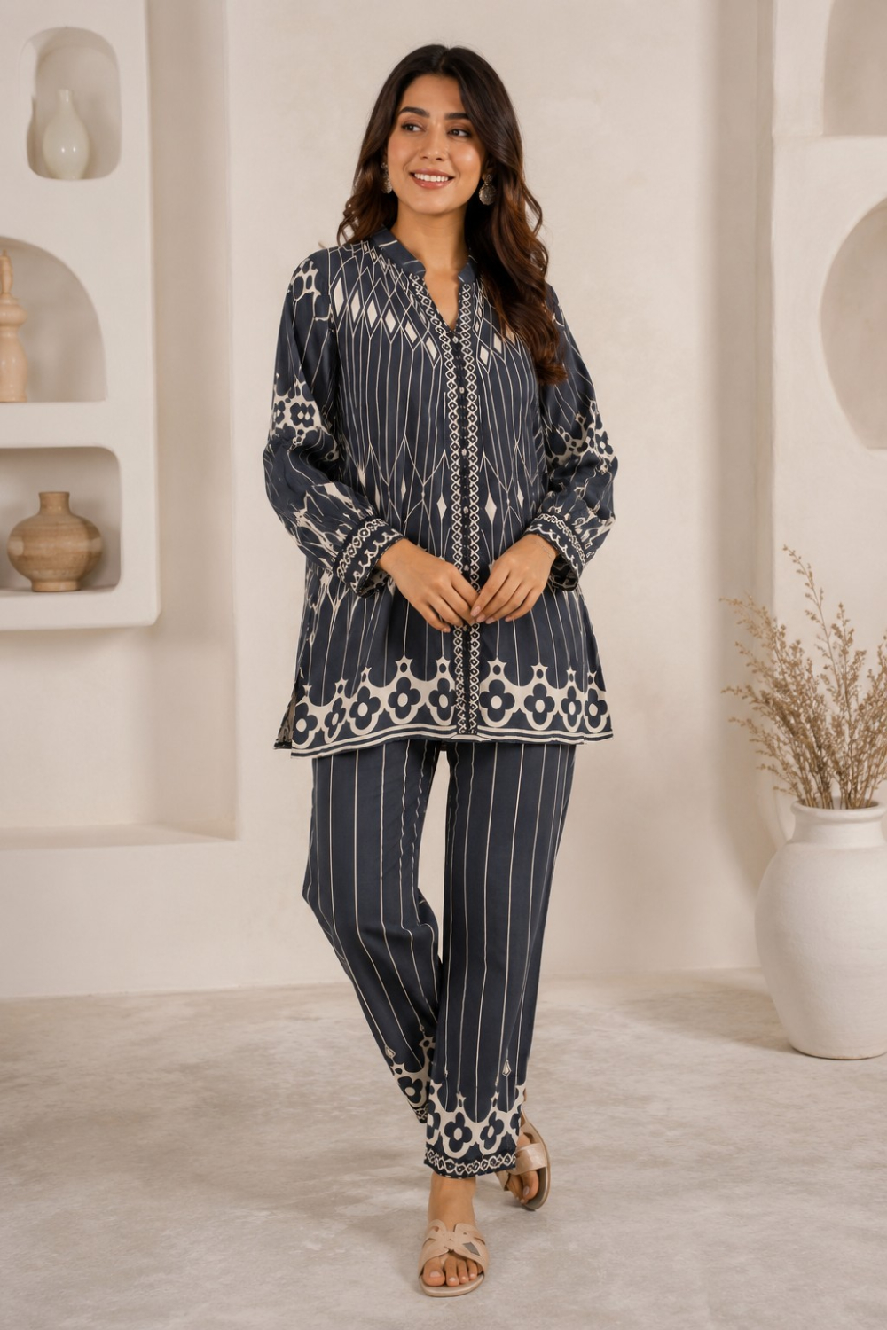 Midnight Deco Stripe Floral Printed Viscose Crepe Co-Ord Set