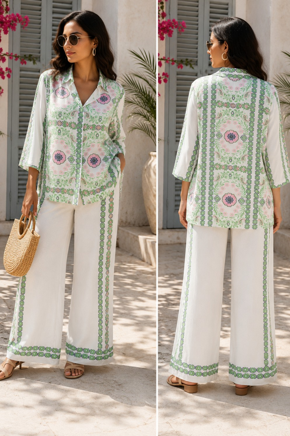Mint Blossom Medallion  Printed Viscose Crepe Co-Ord Set