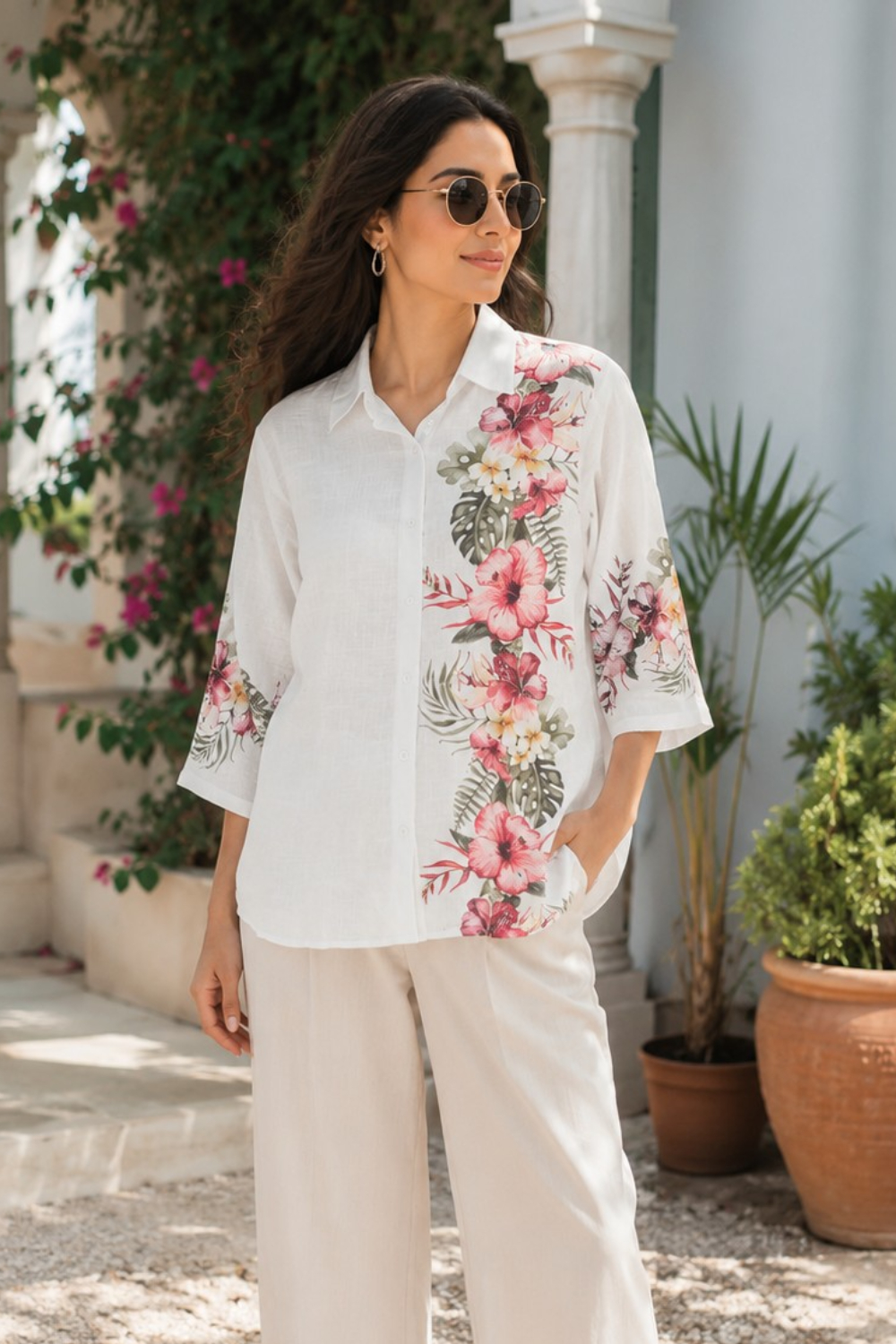 Tropical Flower Blossom Cotton Linen Shirt