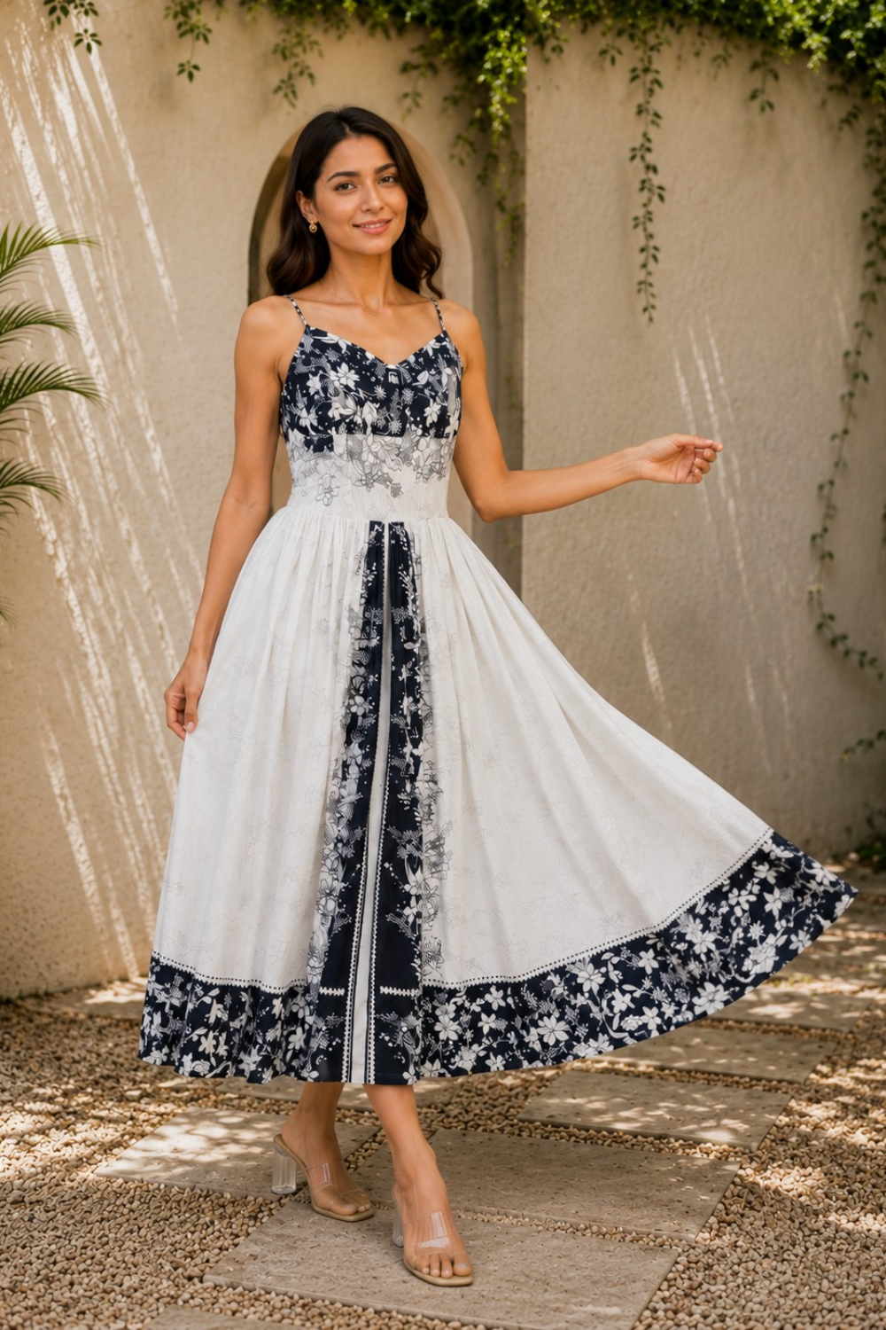 The Azure Bloom Flared Midi Dress