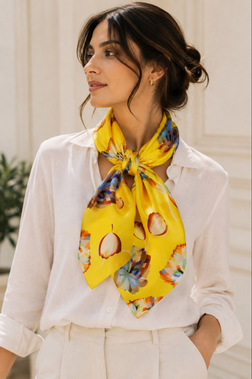 Golden floral Bloom Pure Silk Habutai Square Scarf