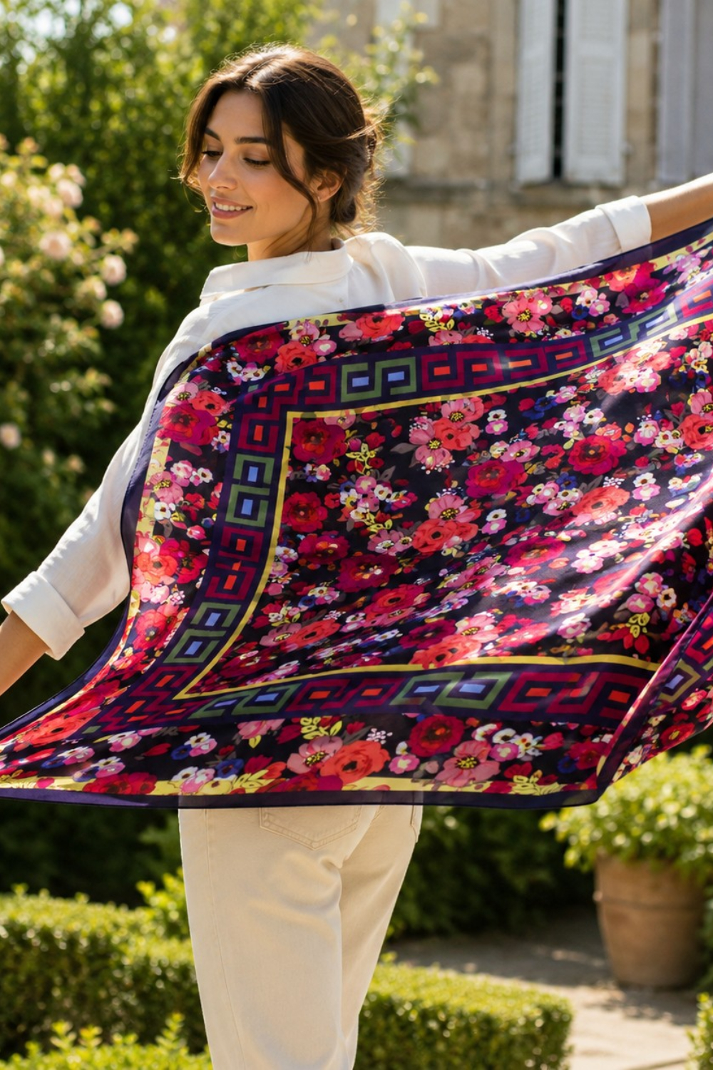 Midnight Floral bloom Pure Silk Habutai Square Scarf