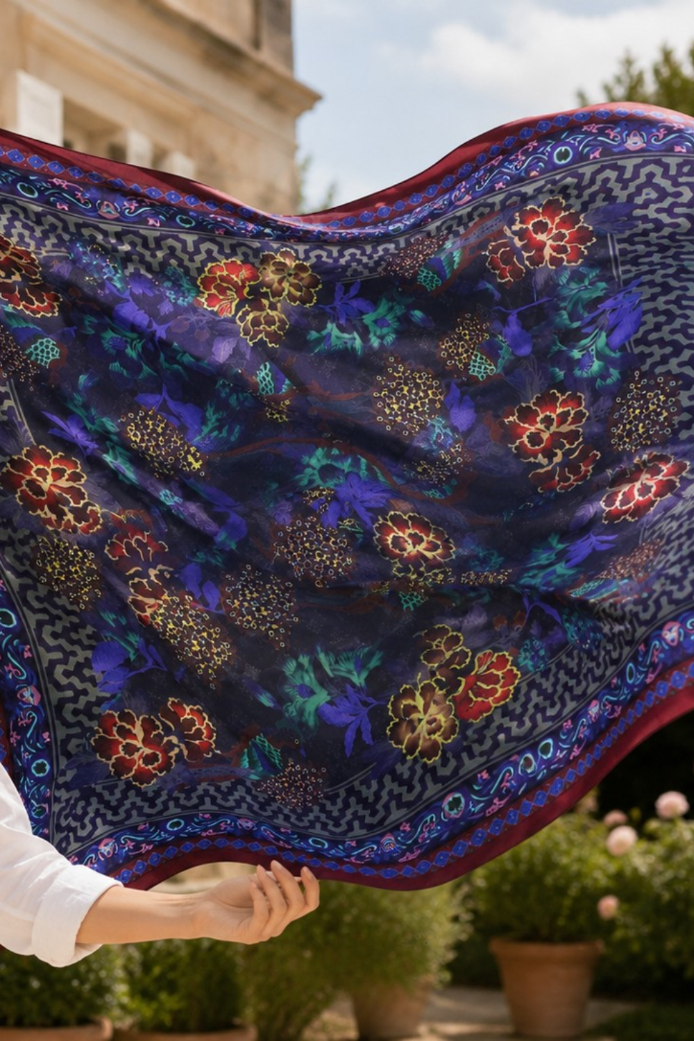Indigo Floral Tapestry Silk Scarf