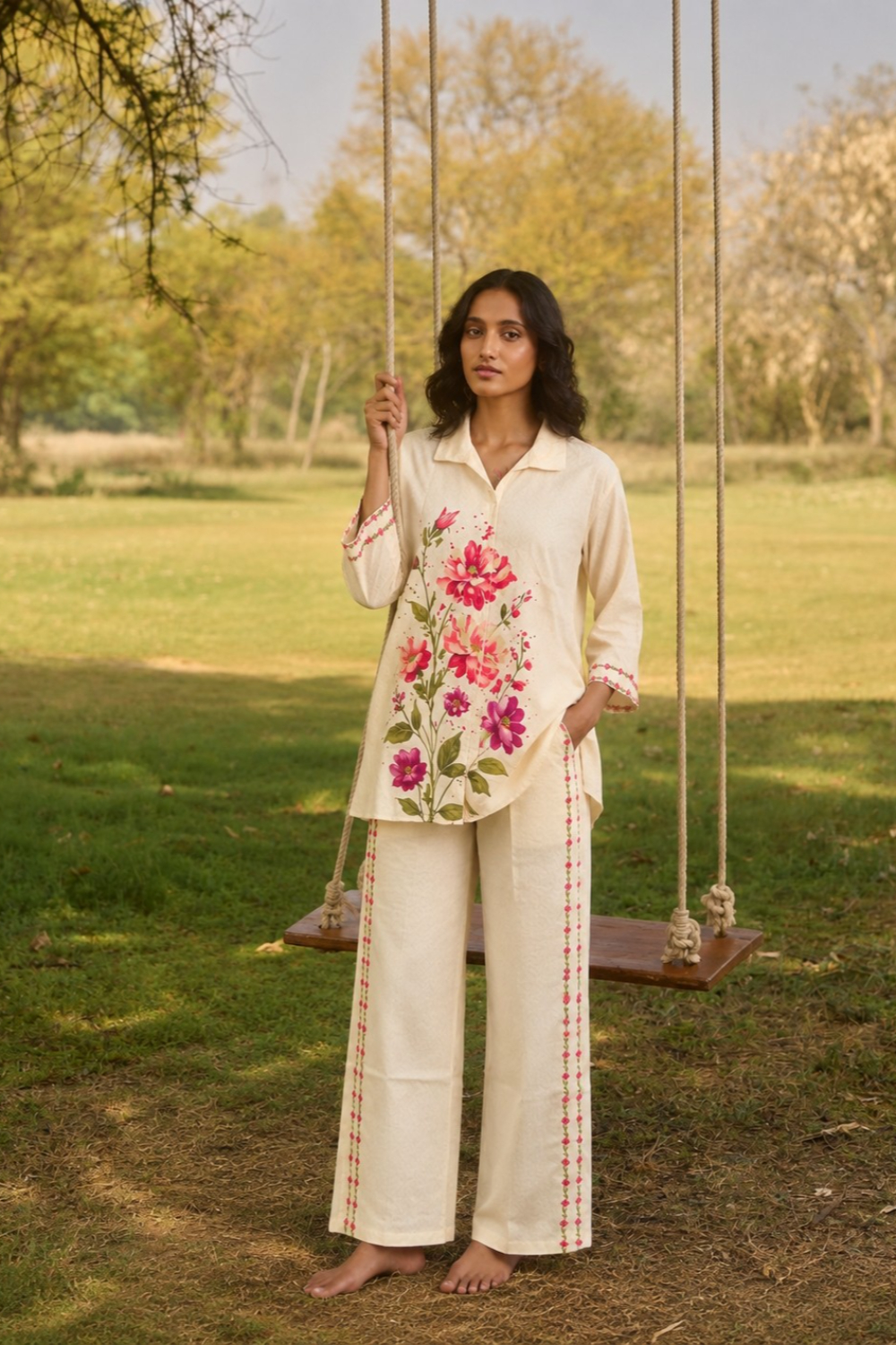 Ivory Blossom Meadow Cotton Linen Printed Co-Ord Set